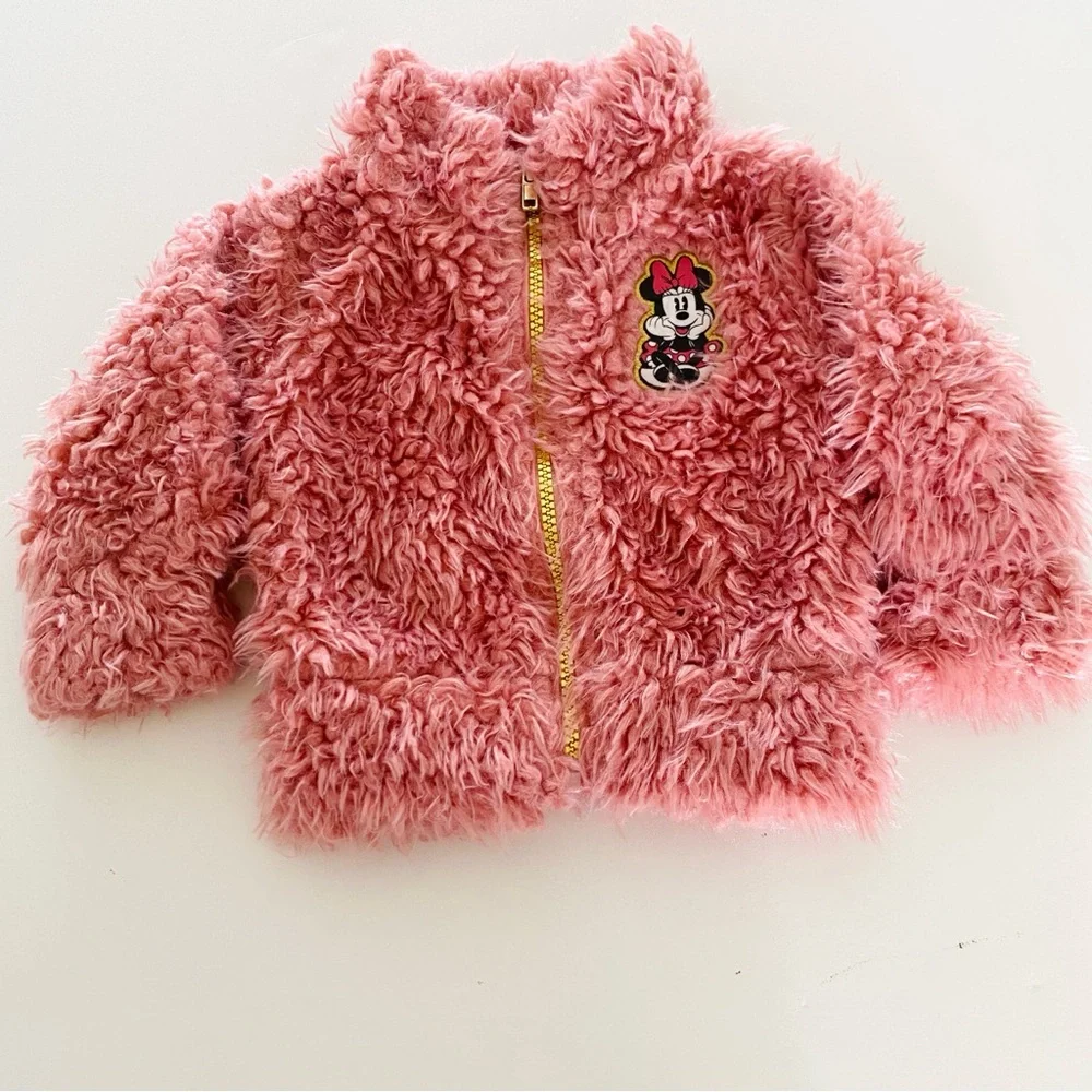 Disney Junior Minnie Mouse Jacket 12 Months Pink Fuzzy Sherpa Embroidered Patch